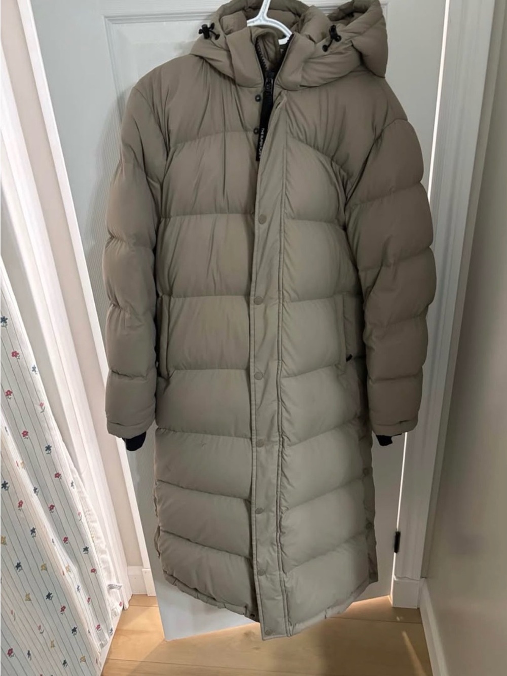 Aritzia Long Hooded Puffer Coat in Taupe